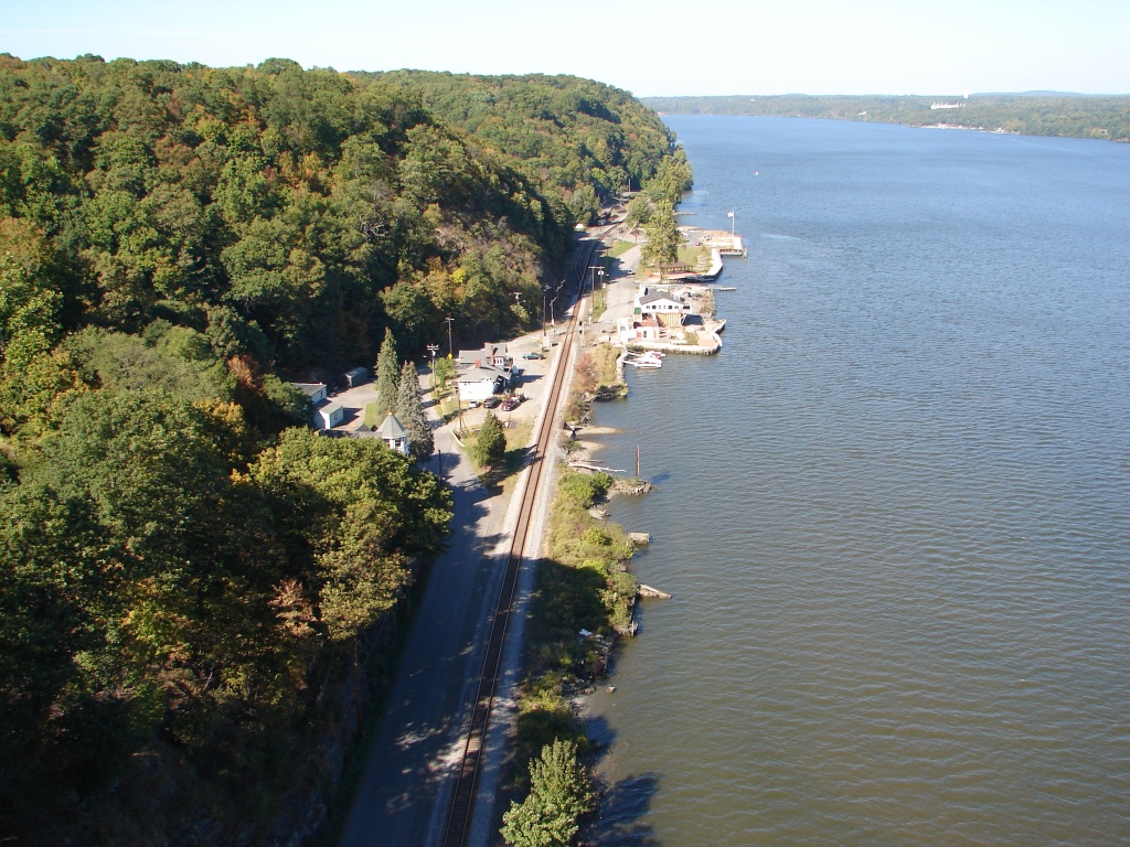 Aerial view of railroad tracks on Highland side of Hudson River.